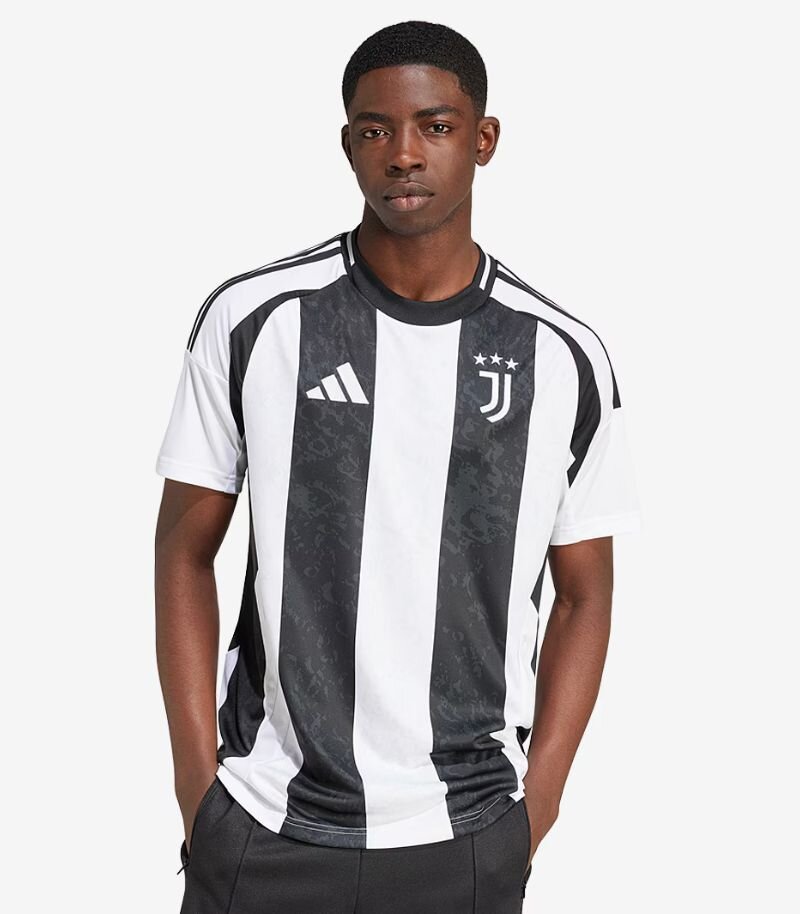 juventus home shirt with black and white stripes, and a pattern on the black stripes